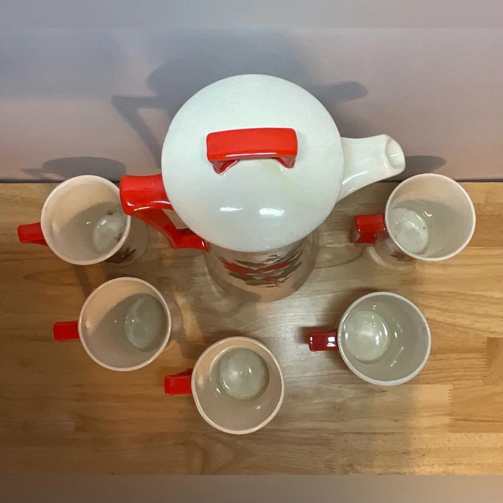 🎄Vintage MCM Arners Poinsettia Flower  Christmas Chocolate Pot & 5 Matching Mugs - Picture 11 of 14